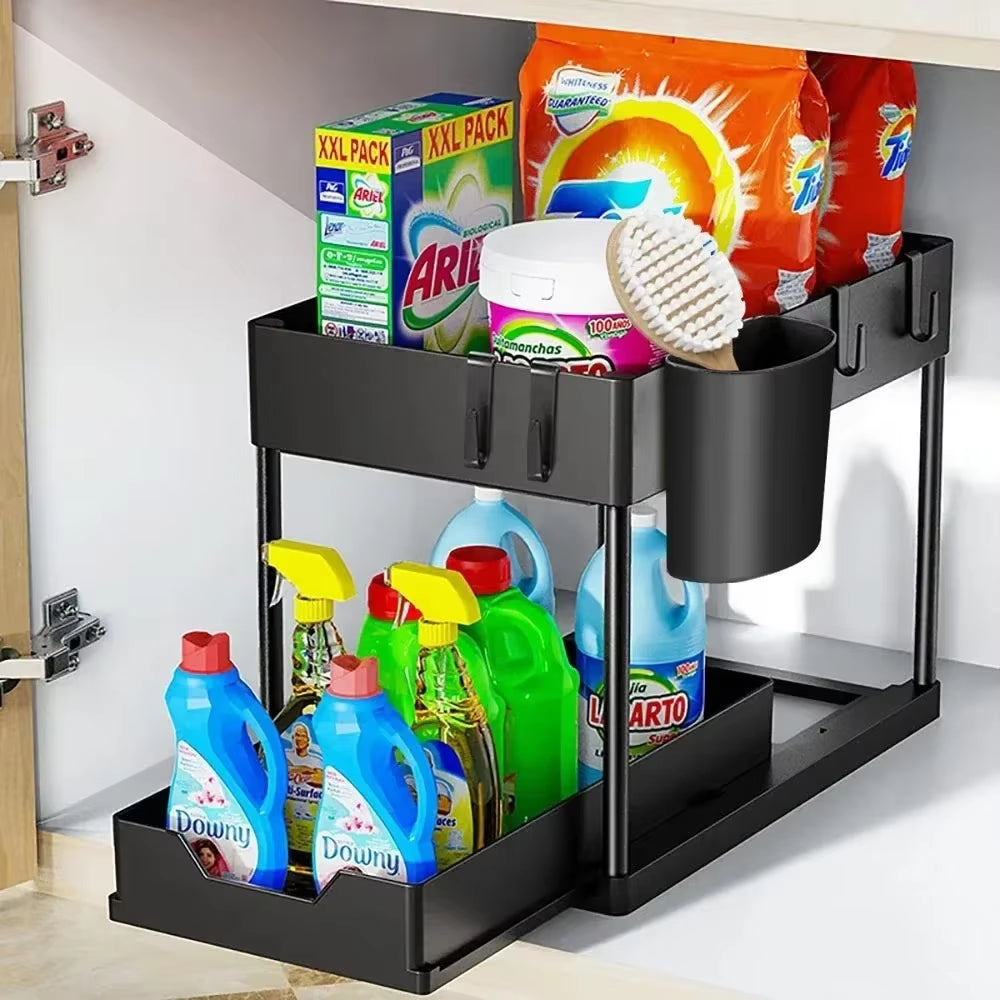 2-Tier Sliding Under Sink Organizer with Hooks - Multifunctional Bathroom Storage Rack