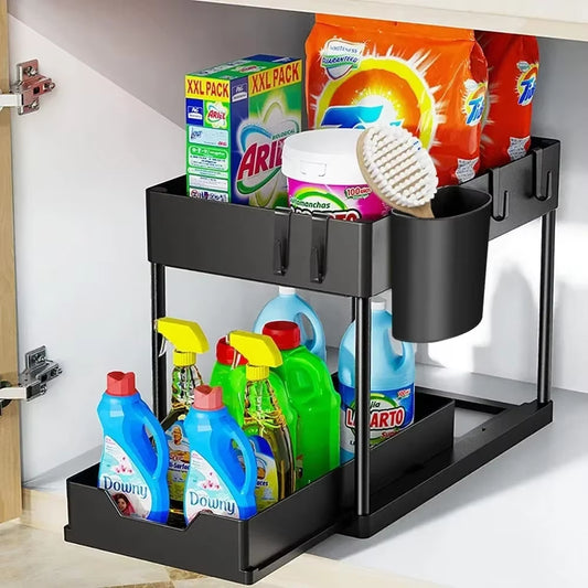 2-Tier Sliding Under Sink Organizer with Hooks - Multifunctional Bathroom Storage Rack