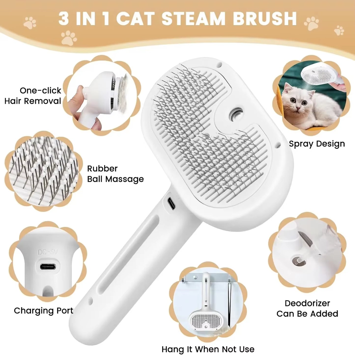 3-in-1 Electric Cat and Dog Steam Brush - Grooming, Massaging, and Hair Removal Comb