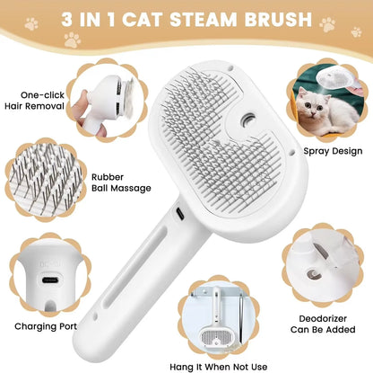 3-in-1 Electric Cat and Dog Steam Brush - Grooming, Massaging, and Hair Removal Comb
