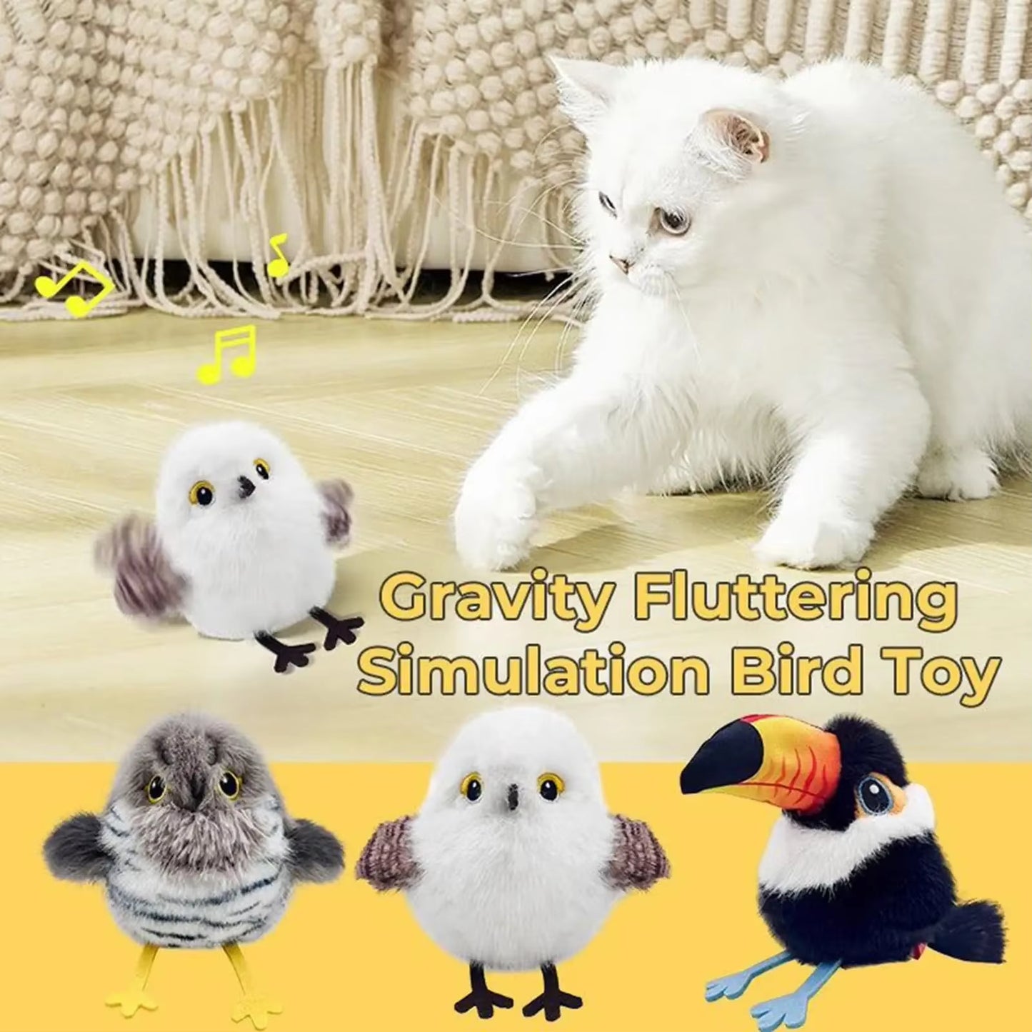 USB Rechargeable Interactive Flapping Chirping Bird Cat Toy - Soft Plush, Touch Activated for Indoor Kitten Fun!