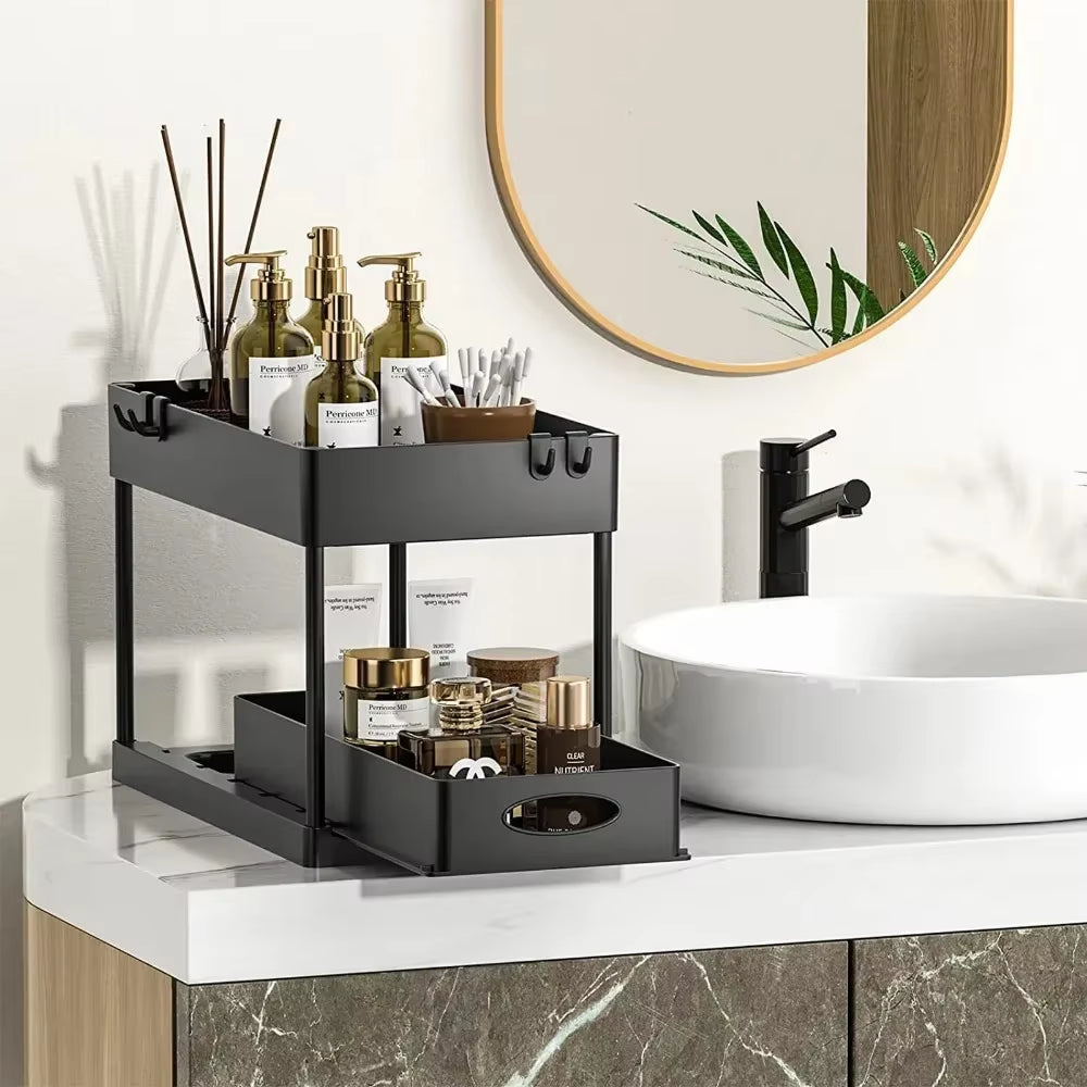2-Tier Sliding Under Sink Organizer with Hooks - Multifunctional Bathroom Storage Rack
