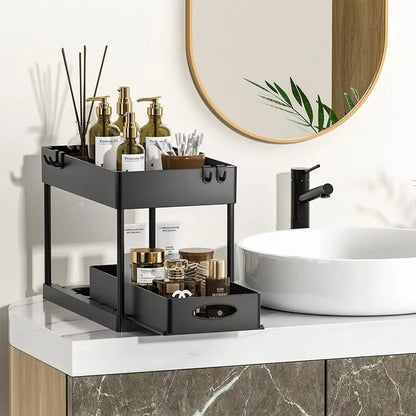 2-Tier Sliding Under Sink Organizer with Hooks - Multifunctional Bathroom Storage Rack