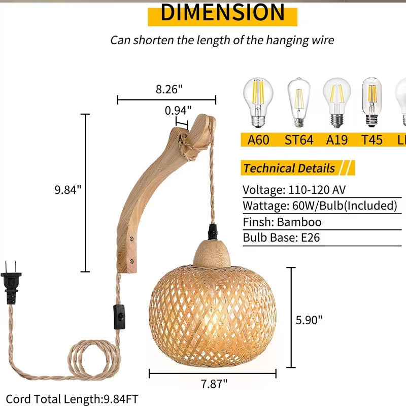 Illuminate Your Space with the Hand-Woven Bamboo Lantern Wall Lamp - A Stunning E27 Chandelier for Elegant Room Decor