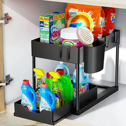 2-Tier Sliding Under Sink Organizer with Hooks - Multifunctional Bathroom Storage Rack