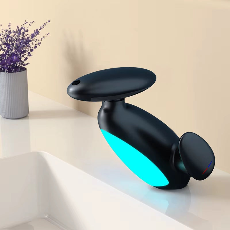Color-Changing LED Bathroom Basin Faucet with Penguin Pull-Out Design and Rotating Spray