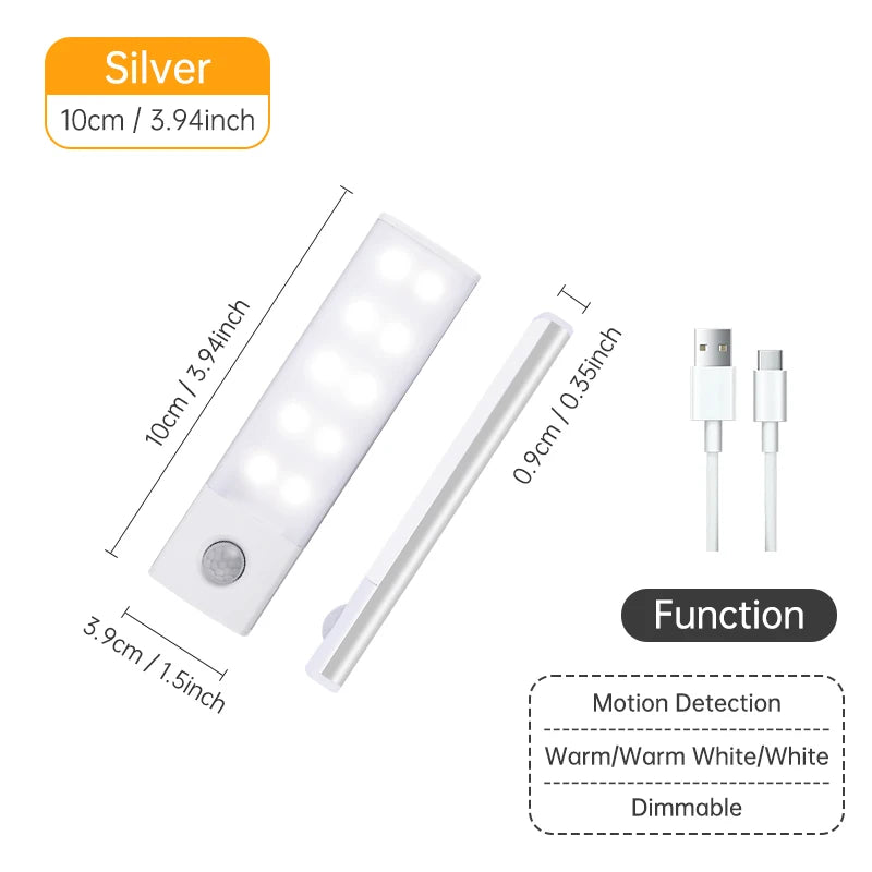 Wireless LED Motion Sensor Night Light - USB Rechargeable Cabinet & Wardrobe Lamp for Kitchen & Backlight Use