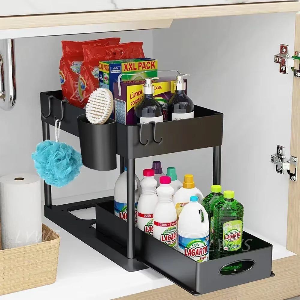 2-Tier Sliding Under Sink Organizer with Hooks - Multifunctional Bathroom Storage Rack