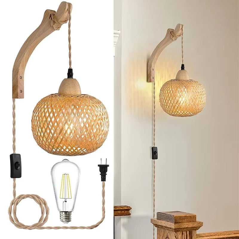 Illuminate Your Space with the Hand-Woven Bamboo Lantern Wall Lamp - A Stunning E27 Chandelier for Elegant Room Decor