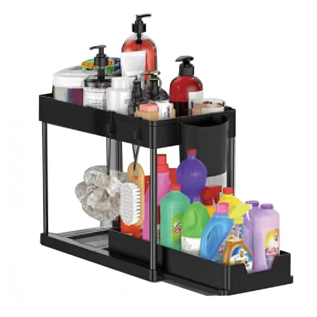 2-Tier Sliding Under Sink Organizer with Hooks - Multifunctional Bathroom Storage Rack