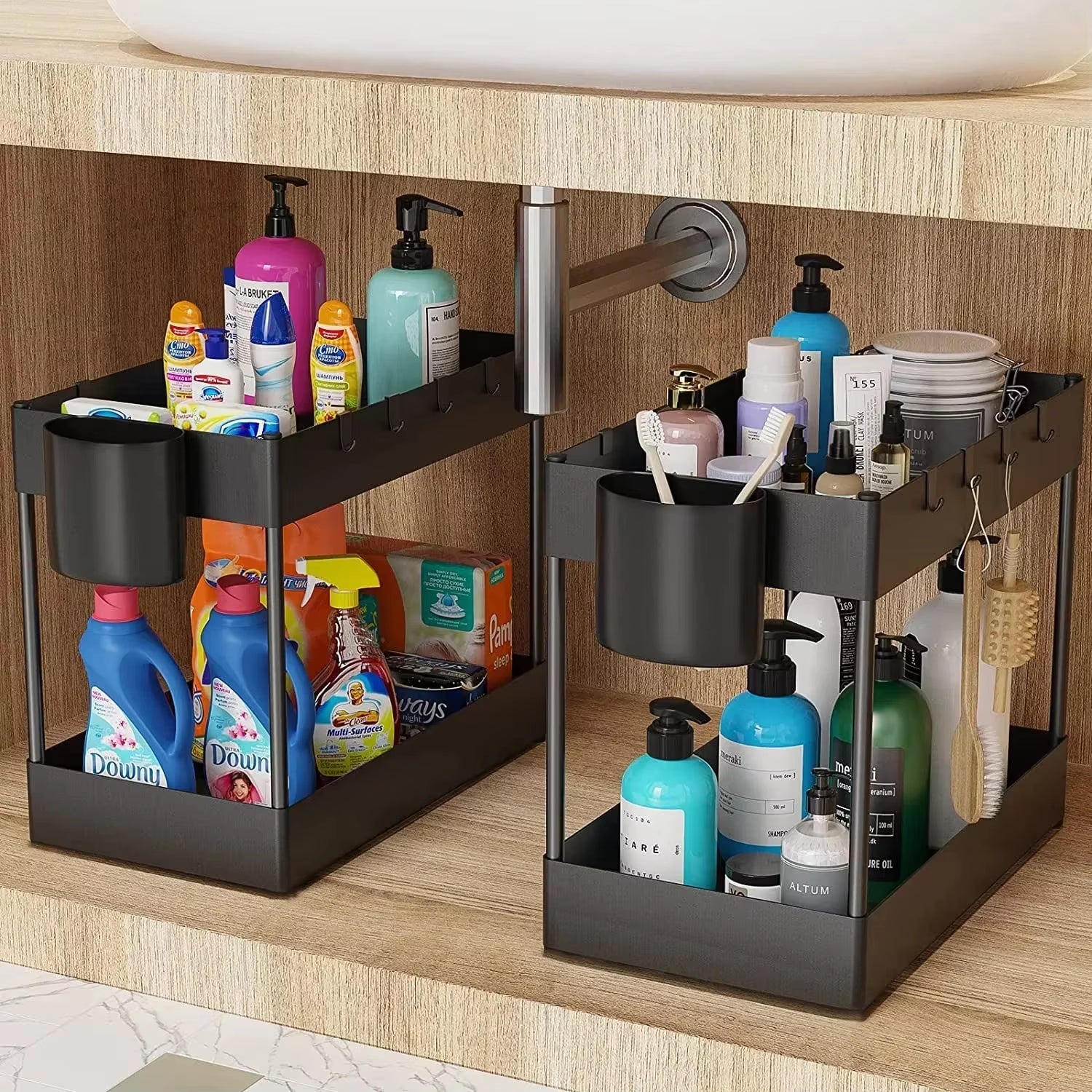 2-Tier Sliding Under Sink Organizer with Hooks - Multifunctional Bathroom Storage Rack