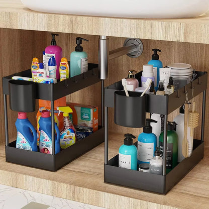 2-Tier Sliding Under Sink Organizer with Hooks - Multifunctional Bathroom Storage Rack